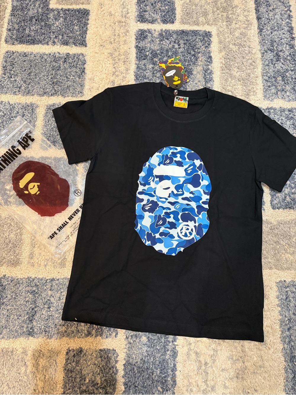 BAPE Kids' Black Tee with Blue Camo Ape Head Graphic